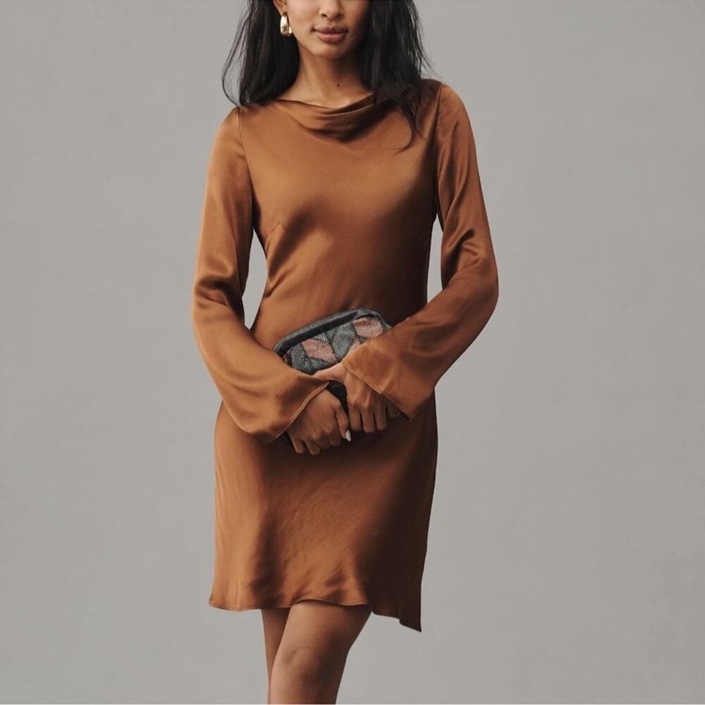 By Anthropologie Women’s Long Bell Sleeve Cowl Neck Satin Brown Mini Dress XS